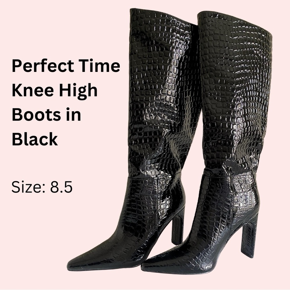 NWOT FASHIONNOVA 8.5 black womens knee high vegan leather croc heal boots